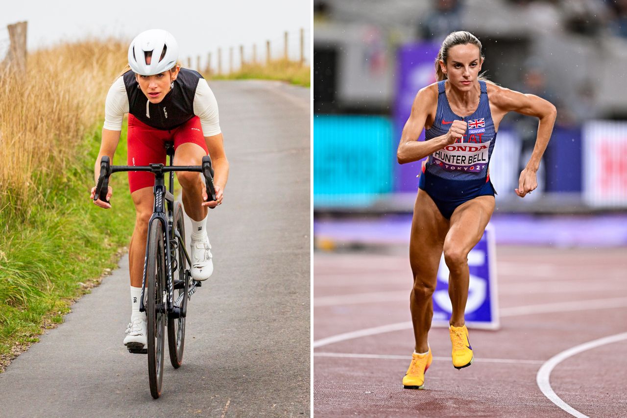 Two side-by-side images of Georgia Hunter Bell, one riding a bike and one running