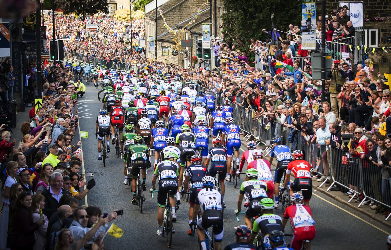 The Tour de France peloton in Leeds in 2014