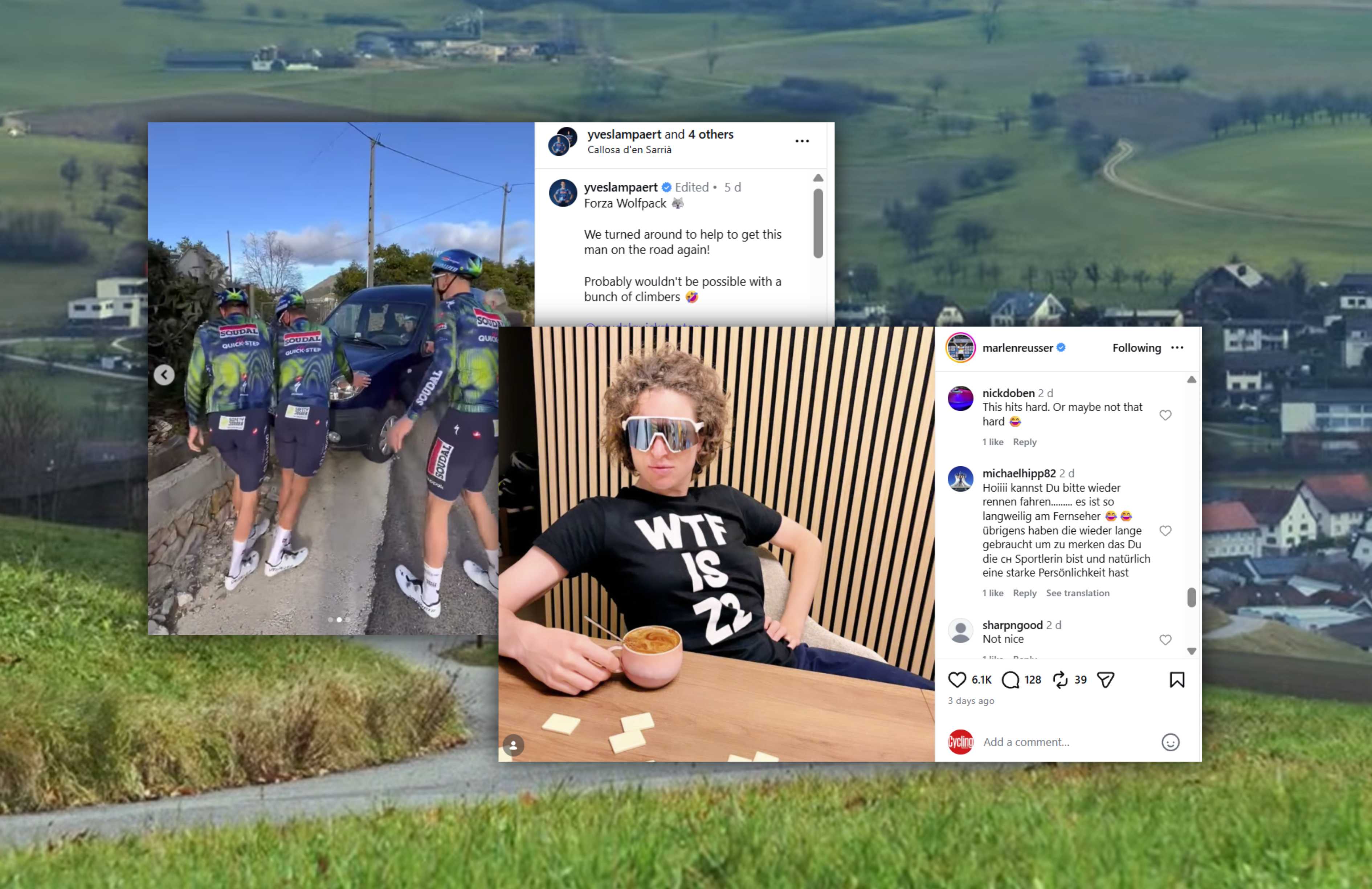 Compiled screenshots with a woman sitting at a table and a group of men next to a car